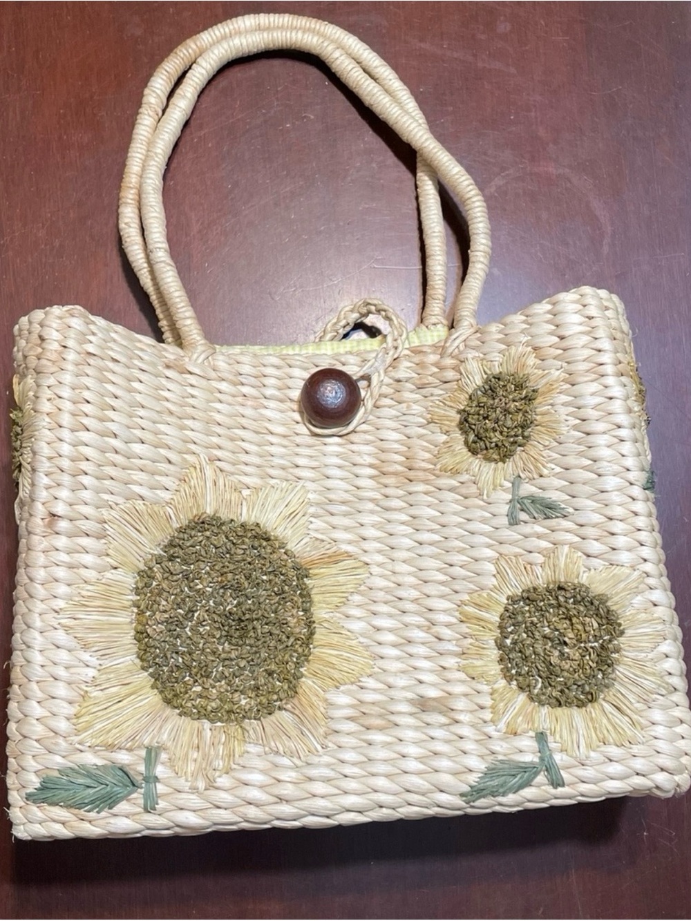 Source Unknown Natural Straw Tote with Embroidered Sunflowers